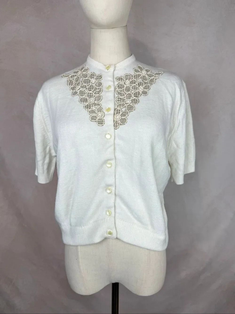 Vintage 1950s 1960s Interlock Hi-Bulk Orlon Acrylic White Knit Cardigan Sz M